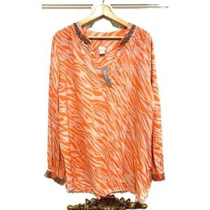 CHICO'S - embelished neck orange tunic zebra craze women's size 3 (large)